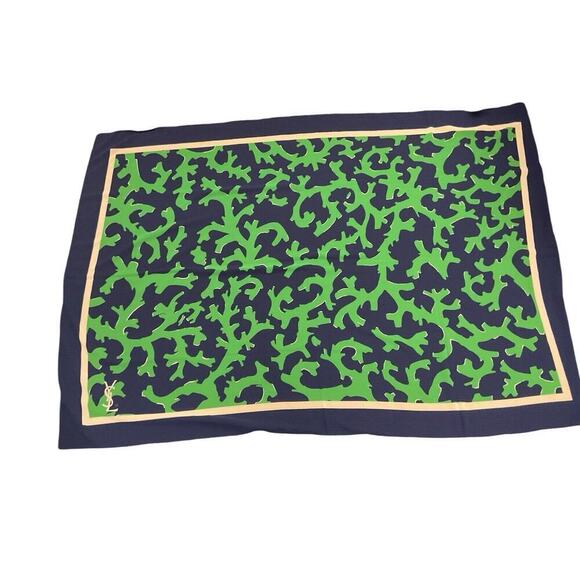Yves Saint Laurent (YSL) 100% Polyester Scarf - Green & Navy Botanical Design - Picture 1 of 7